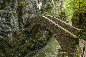 Steinbogenbrücke in der Areuse-Schlucht, im Val de Travers, Kanton Neuenburg, Schweiz