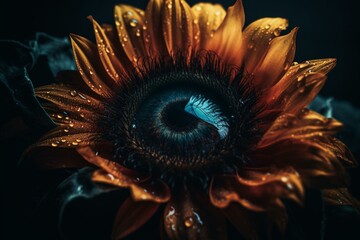 Darkness surrounds the eye of a flower. Generative AI