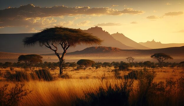 A majestic and serene African savanna with lush generative ai