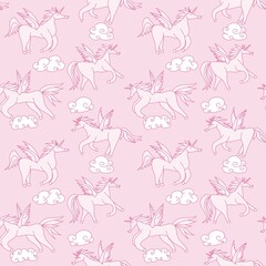 pink seamless pattern unicorns in the sky and sun