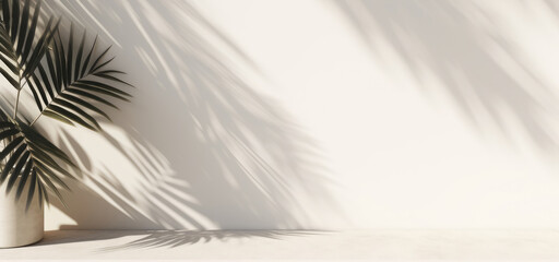 palm leaf shadow on white beige wall. background for product advertisement. banner with copy space. generative AI