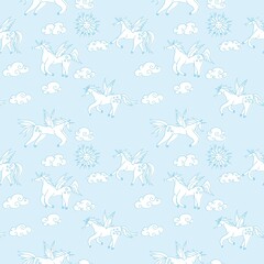 blue seamless pattern unicorns in the sky. sketch
