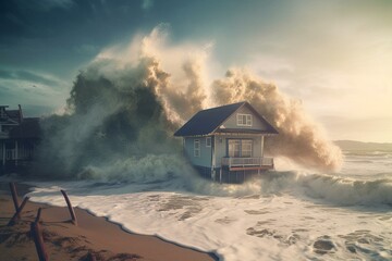 Illustration of tsunami waves demolishing a house at the beach. Generative AI - obrazy, fototapety, plakaty