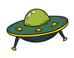 UFO flying saucer, spaceship vector icon in doodle style