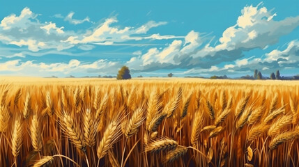 Beautiful illustration of a field of ripe wheat against the blue sky. Generative ai.