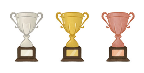 Illustration set of cute gold, silver and bronze trophies