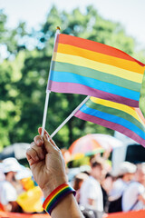 Gay pride, LGBTQ rainbow flags being waved in the air at a pride event. wave LGBTQ gay pride flags...