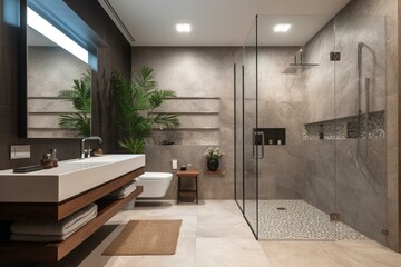 Fototapeta na wymiar Contemporary bathroom with shower, vanity, chic tiles, and toilet. Generative AI