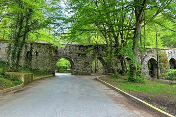 View of historical Aqueduct called Kurt Kemeri in Kemerburgaz, Istanbul, Turkey.