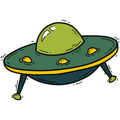 UFO flying saucer, spaceship vector icon in doodle style