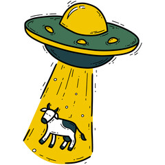 UFO flying saucer abducts cow, spaceship vector icon in doodle style, alien invasion © kanvictory