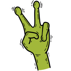 Alien hand with V sign gesture, peace sign in doodle cartoon style