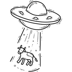 UFO flying saucer abducts cow, spaceship vector icon in doodle style, alien invasion