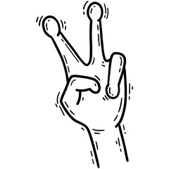 Alien hand with V sign gesture, peace sign in doodle cartoon style