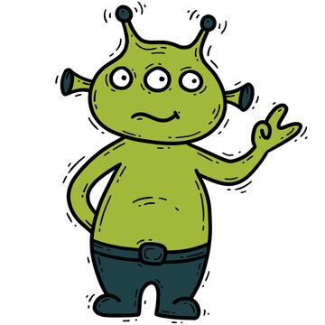 Cute green alien, in doodle cartoon style