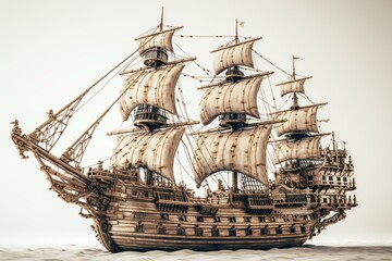 Fototapeta premium Illustration of pirate ship with cannons on white background for kids. Generative AI