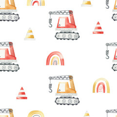 Seamless pattern with cute construction cars and rainbows on a white background. Watercolor illustration for children. Crane. Truck. Building equipment. Kids texture for fabric, textile, apparel.