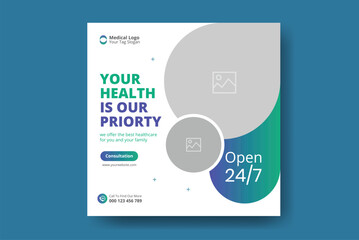 Medical social media post template. Modern banner design with blue color ribbon decoration and place for the photo. Suitable for social media, websites, flyers, and banners.