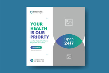 Medical social media post template. Modern banner design with blue color ribbon decoration and place for the photo. Suitable for social media, websites, flyers, and banners.