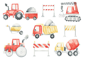 Watercolor illustration of construction machines. Cute watercolor cliparts for kids isolated on white background. Bulldozer, excavator, crane. Funny cars. Construction. Truck. Building equipment.