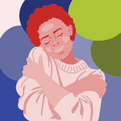 Self care concept, love yourself. Love your body concept. Woman hugging herself with hearts on white background.