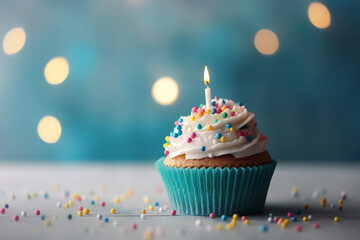 A cupcake with a lit candle sits on a table with a blue background.