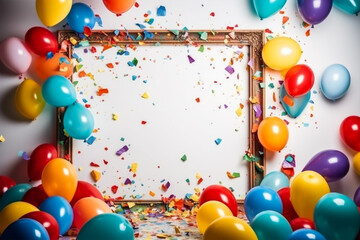Festival, carnival or birthday party frame with balloons, streamers and confetti, copy space generative ai