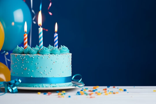 A blue birthday cake with candles on it, copy space generative ai