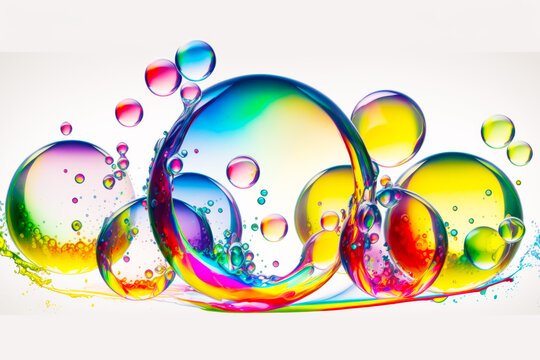 Group of colorful bubbles floating on top of white surface with white background. Generative AI.