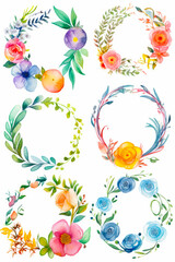 Obraz na płótnie Canvas Set of watercolor floral wreaths and wreaths with flowers and leaves. Generative AI.