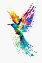 Fotobehang Colorful bird painted in watercolors on white background with splatters. Generative AI. © valentyn640