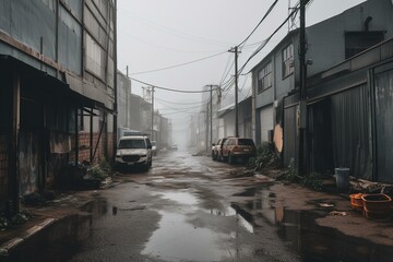 Fototapeta na wymiar A foggy, desolate street in an industrial area on a cloudy day. Generative AI