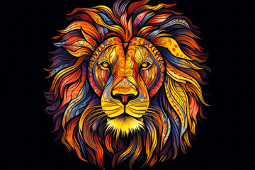 Colorful lion's head on black background with black background. Generative AI.
