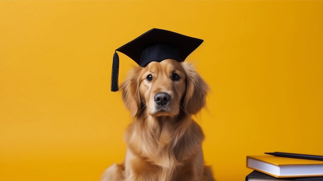 Cute dog Golden Retriever student in academic cap Mortarboard next to books against yellow background Study and education concept generative AI
