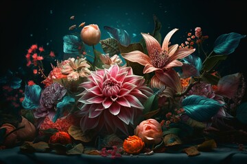 Fototapeta na wymiar Illustration of exotic floral arrangement with petals. Generative AI