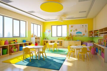 Child's room with yellow and green walls and blue rug. Generative AI.
