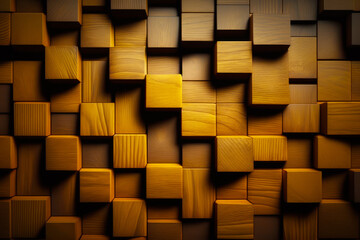Wall made up of wooden blocks with brown and yellow color scheme. Generative AI.