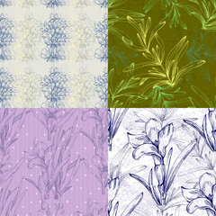 Hand drawn Lavender seamless flowers repeat pattern. Surface pattern design. Elegant lavender background. Vintage sketch. Botanical illustration. Vector pattern or card design.