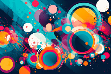 Colorful abstract background with circles and dots on blue background with black background. Generative AI.