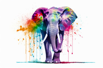 Elephant with colorful paint splattered all over it's body. Generative AI.