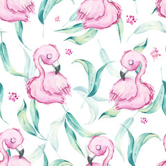 Seamless pattern with cute pink flamingos and leaves. Tropical print. Watercolor illustration for children. Girly print for fabric, clothing, kids room. Boho kids texture. Cute birds. Floral.