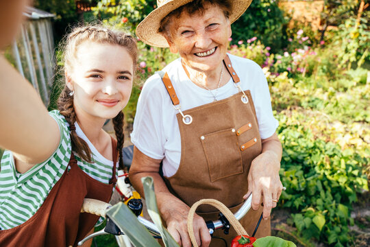 Senior female gardener in straw hat and her lovely granddaughter making selfie photo in farm or garden ar sunny summer hot day outdoor.