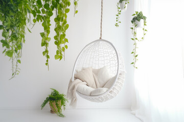 White hanging chair next to potted plant in white room. Generative AI.