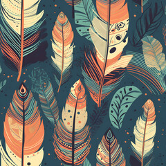 Seamless boho abstract feathers background. Generative ai.