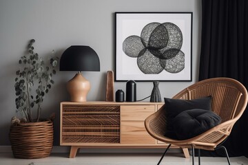 A contemporary Scandinavian living room with a black mock-up poster frame, design commode, dino lamp, black rattan basket, teapot, books, and stylish accessories. Generative AI