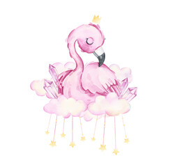 Watercolor illustration of a cute pink flamingo princess wearing a crown on clouds with crystals. Clipart for kids. Cute bird. Girly delicate print, poster for clothes, textiles, children's room.