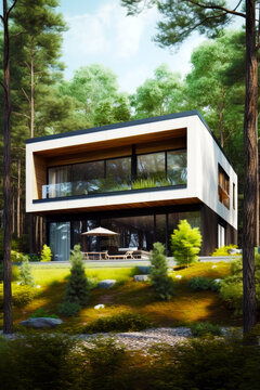 Image of house in the middle of forest with patio. Generative AI.