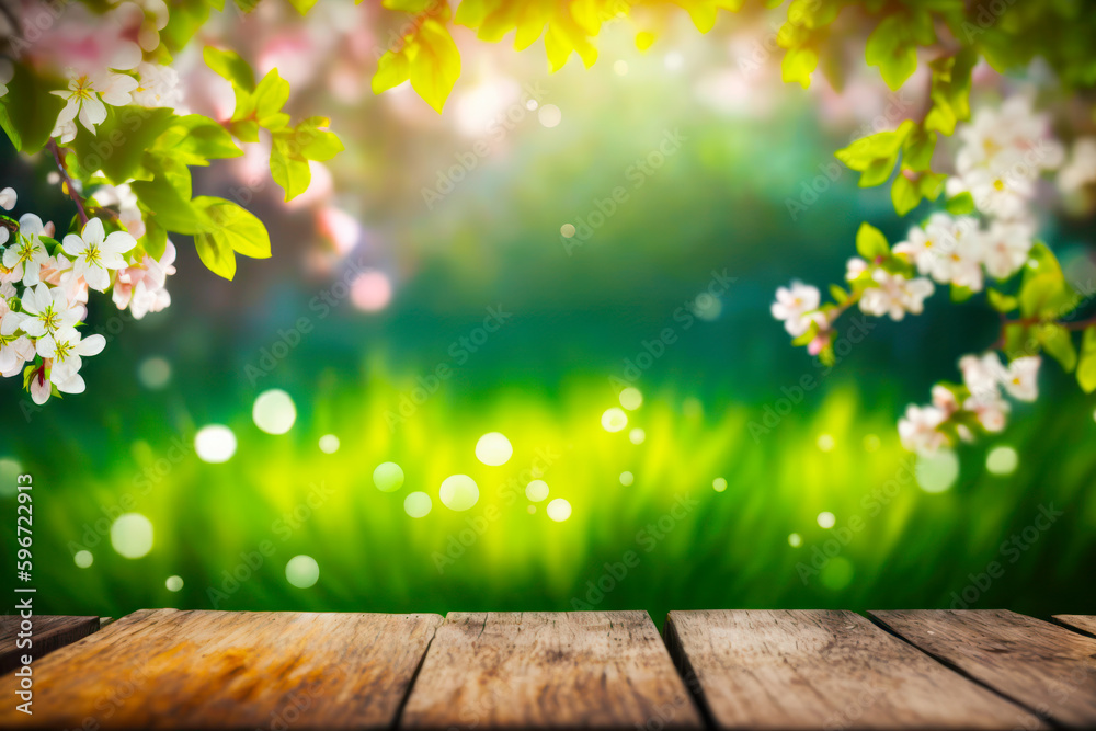 Canvas Prints Wooden table with blurry background of grass and flowers in the foreground. Generative AI.