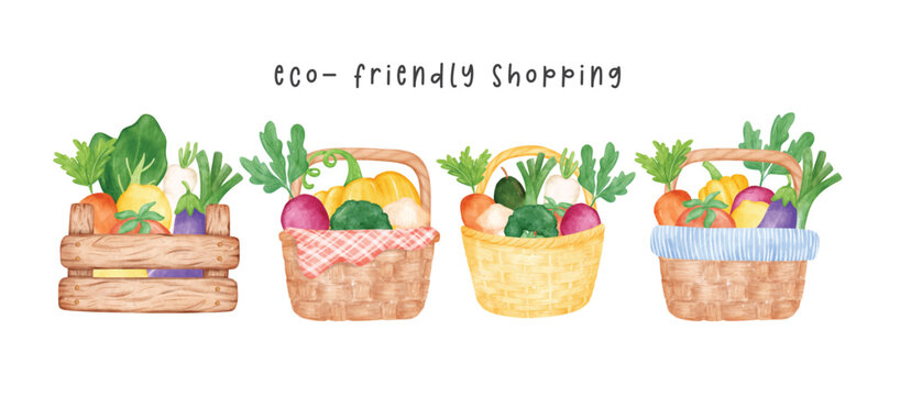 banner group of assorted vegetable watercolour in wooden vintage wicker basket, vector cartoon hand painted illustration isolated on white background.