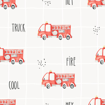 Seamless pattern with cute fire trucks on a checkered background. Watercolor illustration for children. Rescue. Firefighters. Emergency. Children's texture for clothing, fabric, interior, textiles.